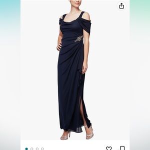 Navy Alex Evenings Formal Dress with Side Slit and Jeweled Embellishment